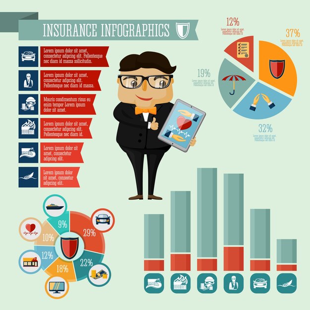 Hombre de negocios hipster muchacho agente de la compañía de seguros infographic presentación elementos de diseño con iconos gráficos y gráficos ilustración vectorial