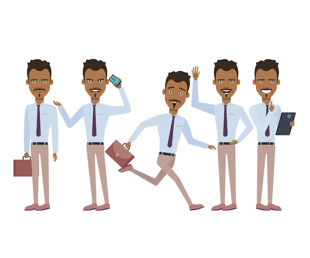 Hombre de negocios hispano en conjunto de caracteres de prisa con diferentes poses
