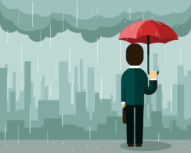 Vector gratuito hombre de negocios, bajo la lluvia, con, paraguas