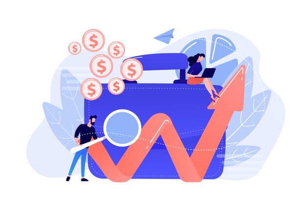 Hombre de negocios con lupa mira gráfico de crecimiento y maletín. Inversión financiera, marketing, seguridad del concepto de depósitos sobre fondo blanco.