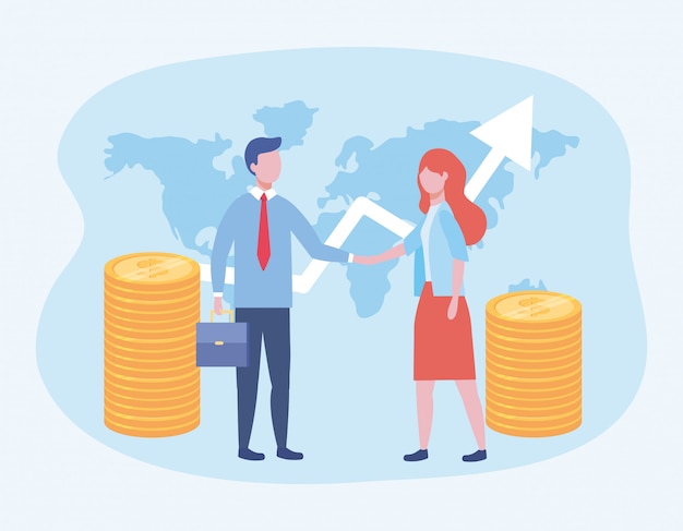 hombre de negocios y mujer de negocios con monedas y flecha con maleta