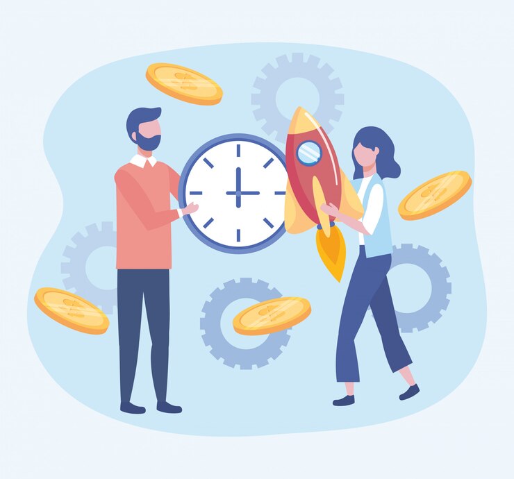 Vector gratuito hombre de negocios y mujer de negocios con reloj y cohete con monedas