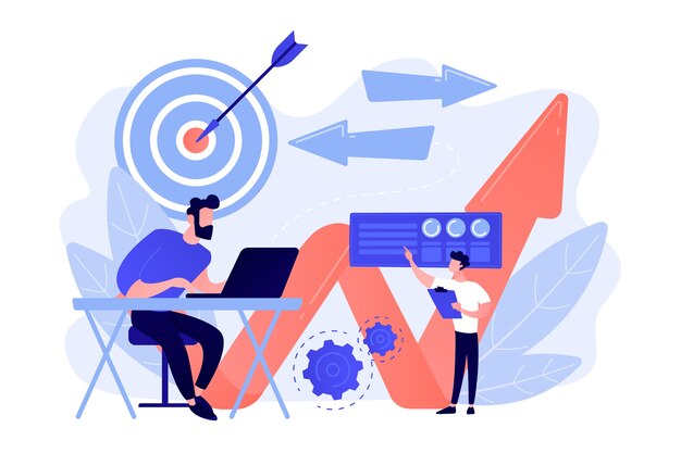Hombre de negocios con ordenador portátil, destino y flechas. Dirección empresarial, estrategia y cambio, concepto de campaña de cambio de dirección sobre fondo ultravioleta.