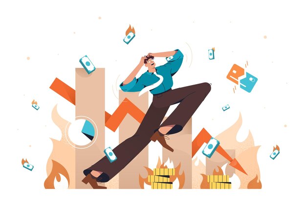 Hombre de negocios plano en pánico con problemas de dinero quiebra y deuda de préstamo impago