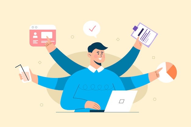 Hombre de negocios que trata la nueva idea de múltiples tareas. trabajando en una computadora portátil. El concepto de objetivos comerciales, éxito, logro satisfactorio.