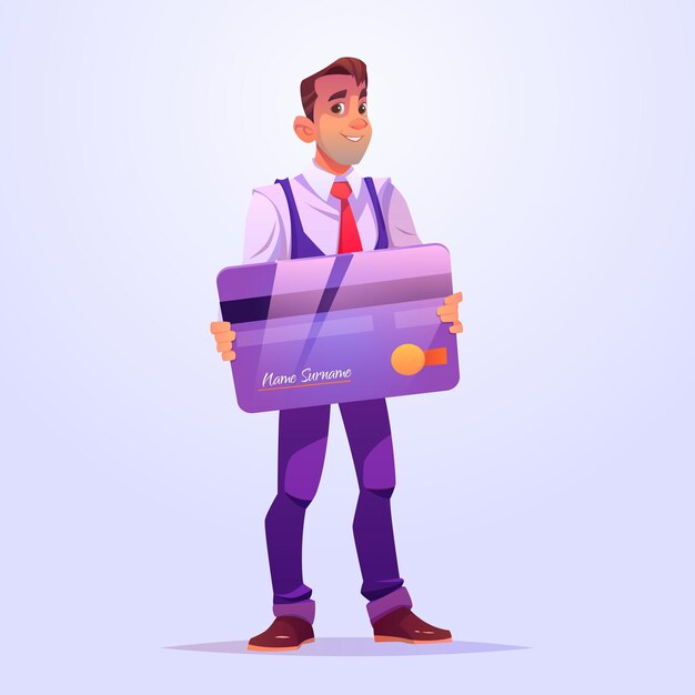 Hombre de negocios tiene tarjeta de crédito o débito de plástico. Ilustración de dibujos animados de vector de personaje masculino, empresario o banquero con tarjeta bancaria púrpura aislada sobre fondo
