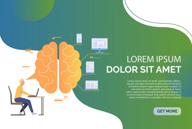 Hombre de negocios trabajando en computadora portátil, cerebro, dispositivos y texto de muestra
