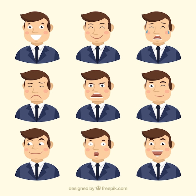 Hombre de negocios con variedad de gestos faciales