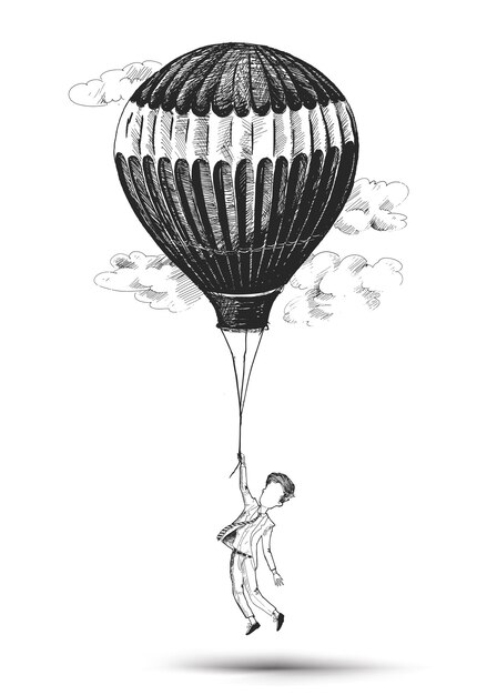 hombre de negocios, vuelo, aire caliente, globo, mano, dibujado, bosquejo, vector, ilustración