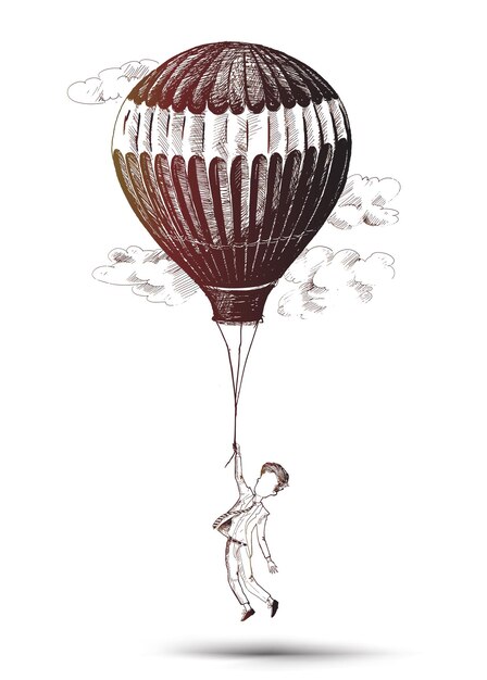 hombre de negocios, vuelo, aire caliente, globo, mano, dibujado, bosquejo, vector, ilustración