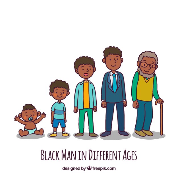 Hombre negro en diferentes edades en estilo dibujo a mano