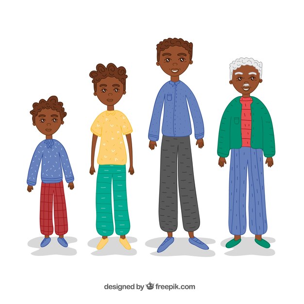 Hombre negro en diferentes edades en estilo dibujo a mano