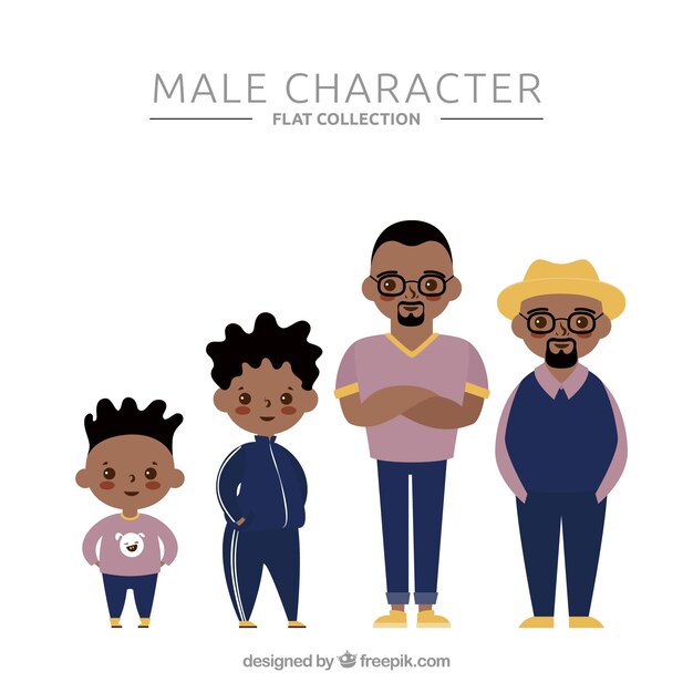 Hombre negro en diferentes edades en estilo flat