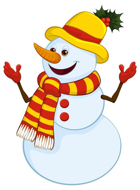 El hombre de nieve alegre da la bienvenida a la alegría del invierno