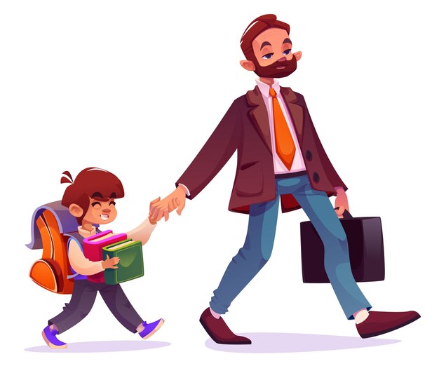 Hombre y niño con mochila caminan a la escuela