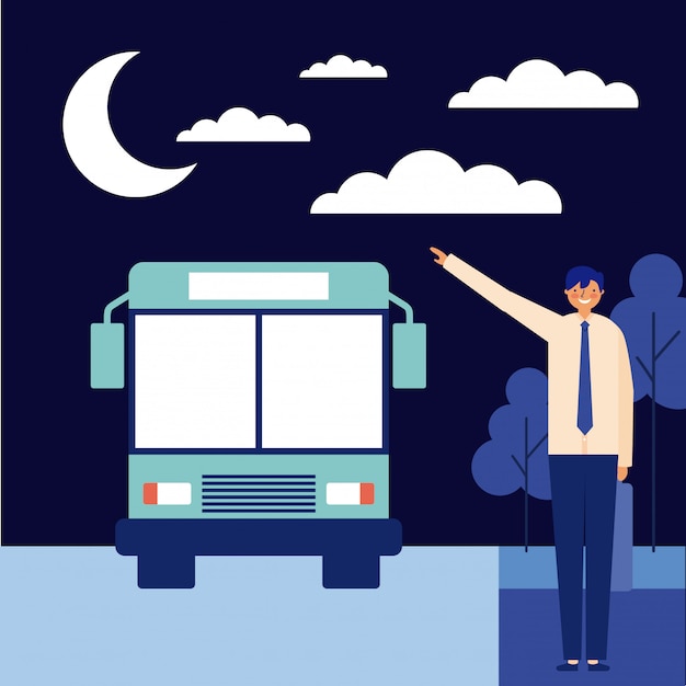 Hombre nocturno tomando el autobús