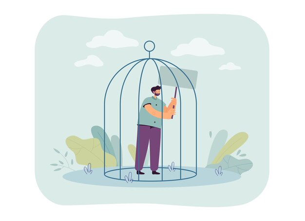 Hombre parado en una jaula y sosteniendo con una pancarta en blanco. Persona masculina protestando y afirmando sus derechos ilustración vectorial plana. Arresto, concepto de castigo por banner, diseño de sitio web o página web de inicio
