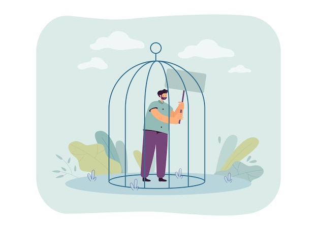 Hombre parado en una jaula y sosteniendo con una pancarta en blanco. Persona masculina protestando y afirmando sus derechos ilustración vectorial plana. Arresto, concepto de castigo por banner, diseño de sitio web o página web de inicio