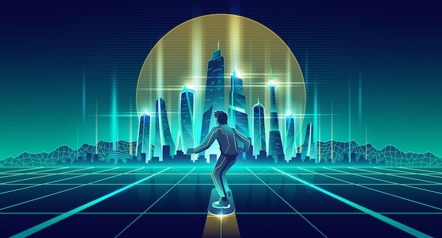 Hombre patinando en vector de metrópolis del futuro