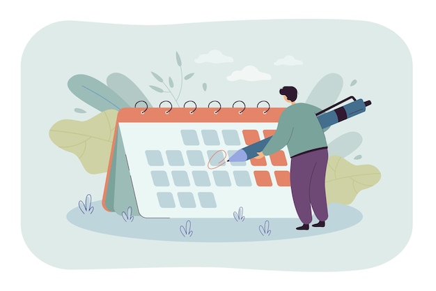 Hombre pequeño delante de la ilustración de dibujos animados de calendario gigante.