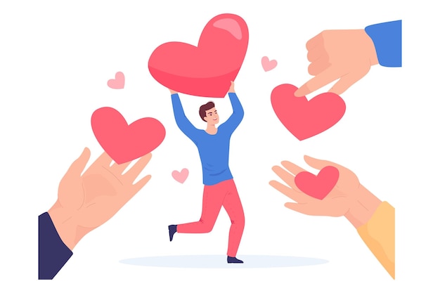 Hombre pequeño que sostiene la ilustración de vector plano de corazón. Enormes manos sosteniendo corazones como símbolo de caridad, compartiendo amor, saludo o solidaridad. Asistencia, ayuda, apoyo, concepto de comunidad.