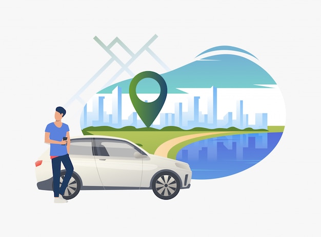 Vector gratuito hombre de pie en coche con paisaje urbano en el fondo