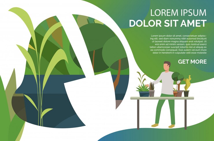 Vector gratuito hombre de pie en la mesa, creciendo plantas de interior en macetas, texto de muestra