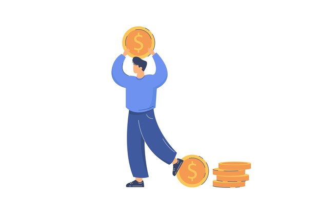 Hombre plano feliz con moneda de oro sobre la cabeza