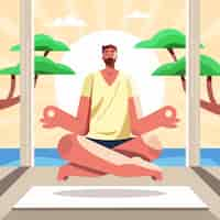 Vector gratuito hombre plano meditando con la naturaleza