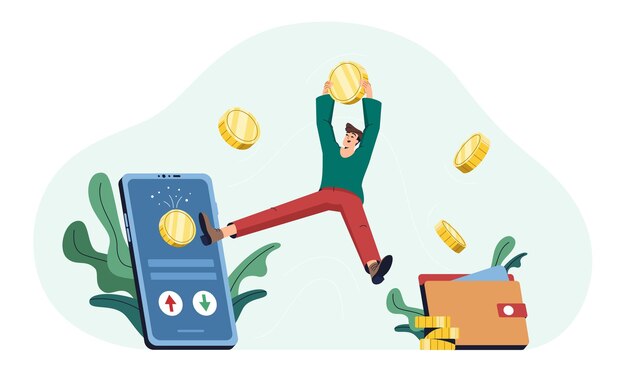 Hombre plano con monedas de oro recibe reembolso en billetera electrónica