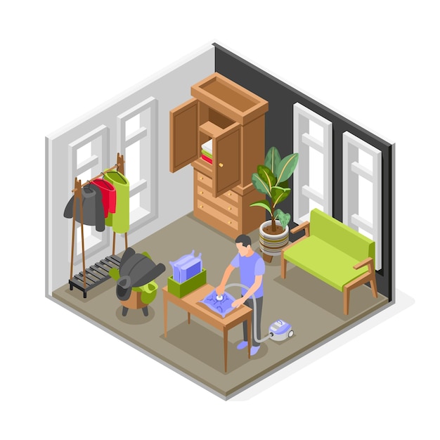 Hombre preparando guardarropa de primavera empacando ropa de invierno en bolsas de aspiración composición isométrica ilustración vectorial