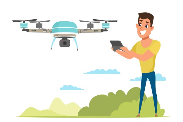 Hombre probando drone quadcopter remoto vehículo aéreo no tripulado con cámara Hombre sosteniendo controlador de radio
