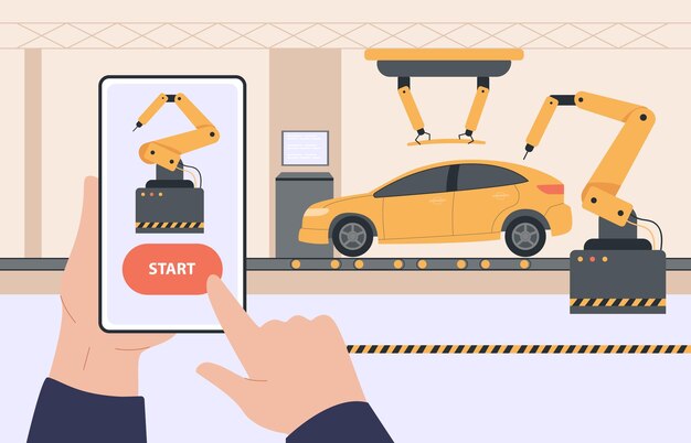 El hombre que controla el trabajo de los transportadores usa el teléfono. Operador o supervisor sosteniendo el teléfono inteligente en las manos, usando la aplicación para controlar la ilustración del vector plano del proceso de producción. Tecnología, concepto de fábrica.
