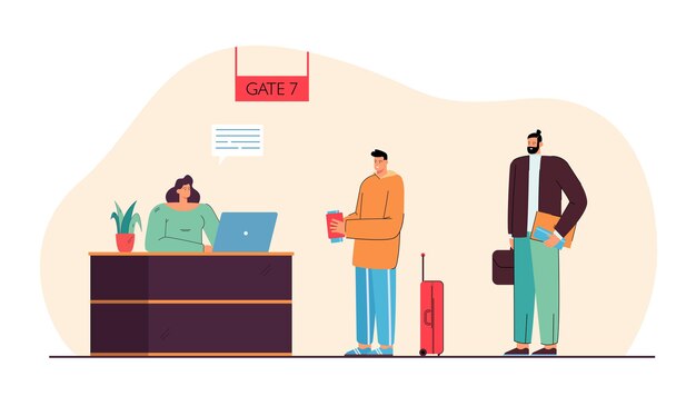 Hombre que se registra para la ilustración del vuelo. Personas de pie en el mostrador de registro de la puerta en el aeropuerto