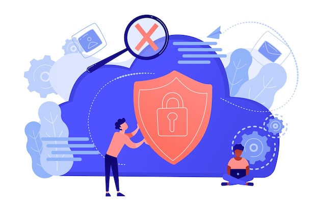 Hombre que sostiene el escudo de seguridad y desarrollador usando laptop. Protección de datos y aplicaciones, seguridad de la red y la información, concepto de almacenamiento seguro en la nube. Vector ilustración aislada.