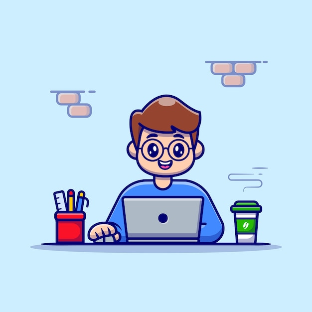 Hombre que trabaja en la computadora portátil con café e ilustración de Vector de dibujos animados inmóvil.