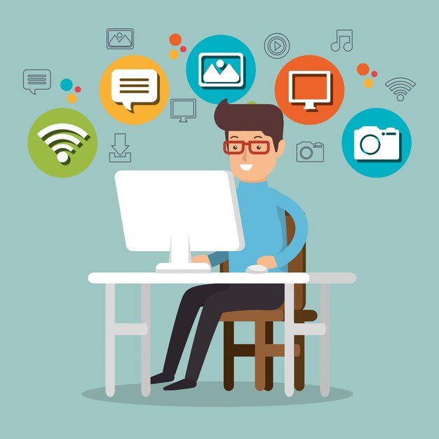 hombre que trabaja con los iconos de redes sociales