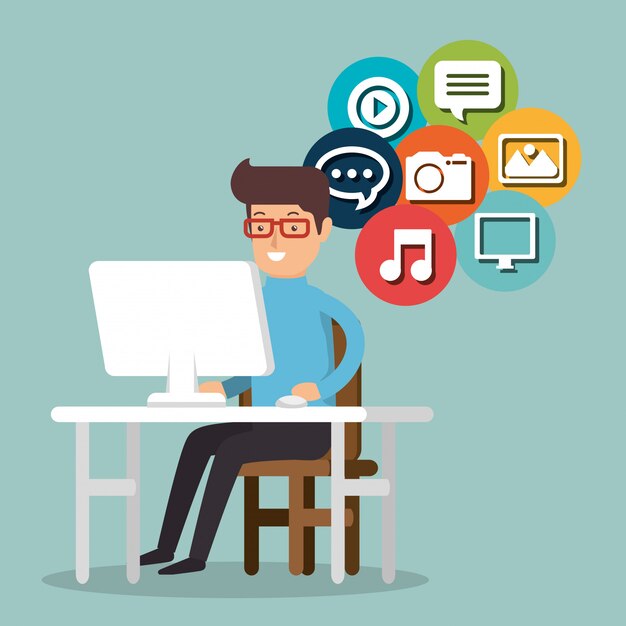 hombre que trabaja con los iconos de redes sociales