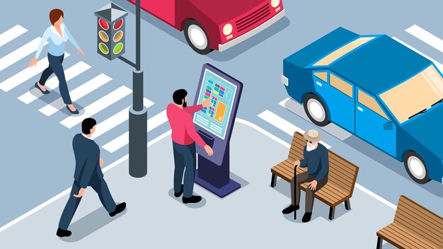 Hombre que usa el panel de pantalla táctil interactivo en horizontal isométrica de la calle de la ciudad