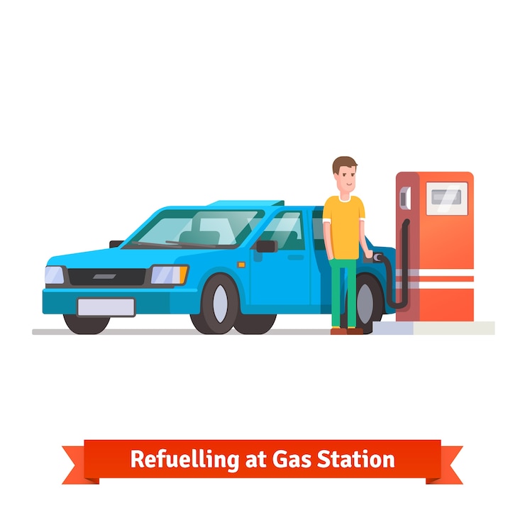 Vector gratuito hombre reabastecimiento de combustible de su coche en la gasolinera