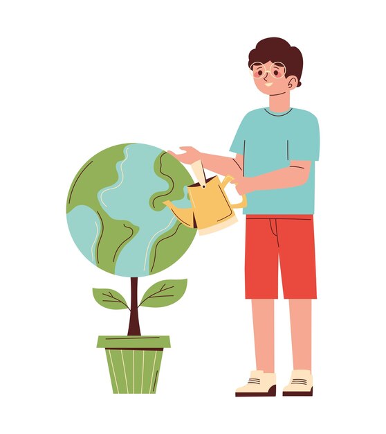 hombre regando el planeta sostenibilidad ecológica
