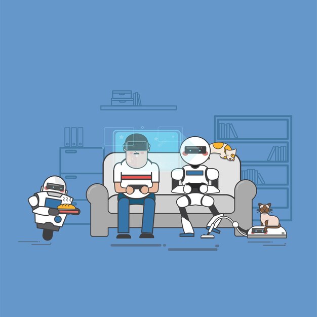 Hombre y robot jugando videojuegos
