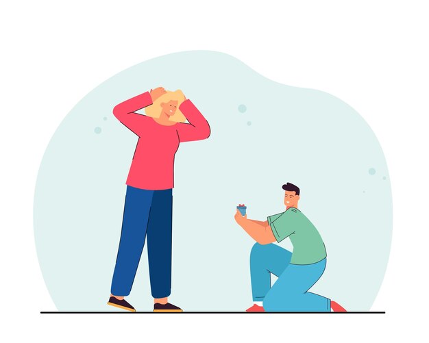 Hombre de rodillas con caja de regalo y mujer confundida. Novio feliz proponiéndole a su pareja ilustración vectorial plana. Amor, concepto de relación para banner, diseño de sitio web o página web de inicio