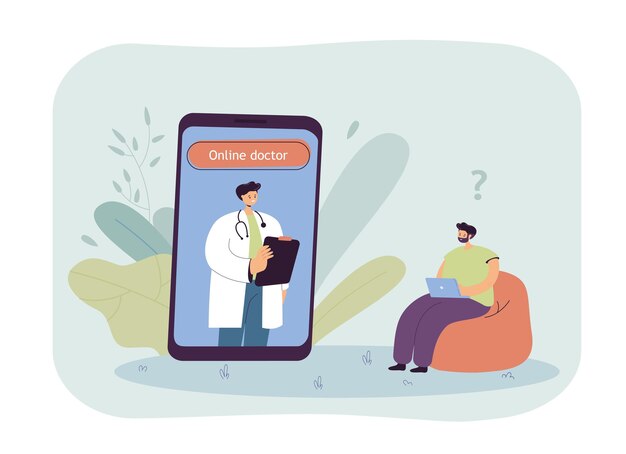 Hombre sentado en casa y tener consulta en línea con el médico. Paciente que tiene videollamada con el médico a través del teléfono durante la ilustración plana pandémica