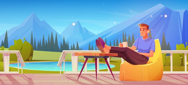 Vector gratuito hombre sentado en el porche con fondo de dibujos animados con vista a la montaña mesa y sillón en la terraza de madera de la cabaña de verano paisaje distante del bosque de pinos 2d con carácter mantenga café en el concepto de balcón