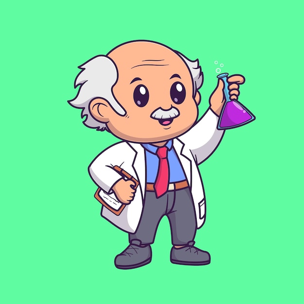 Hombre simpático científico sosteniendo tubo de líquido químico icono vectorial de dibujos animados Ilustración Ciencia Tecnología