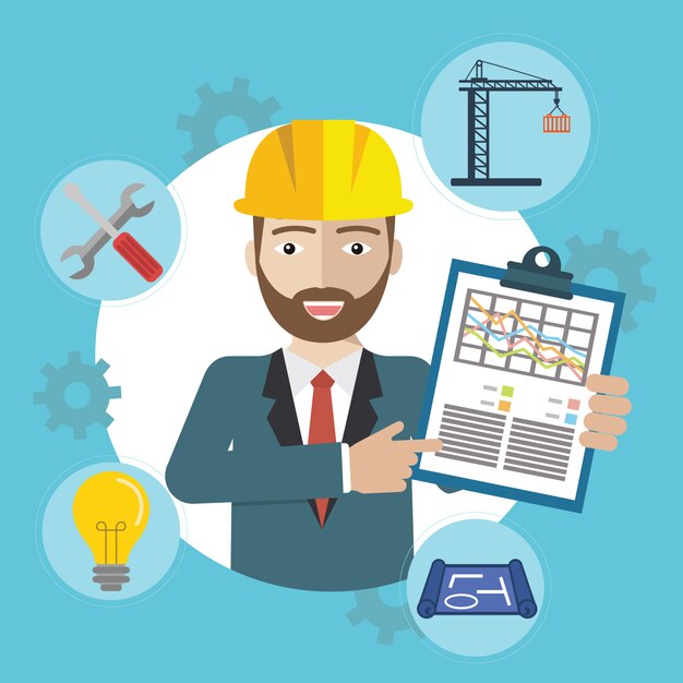 Hombre en sitio de construcción con iconos