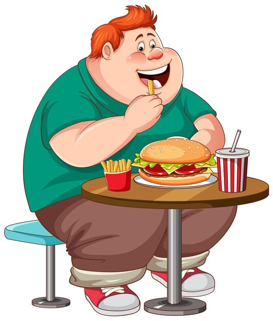 Hombre con sobrepeso comiendo comida rápida en la mesa aislada