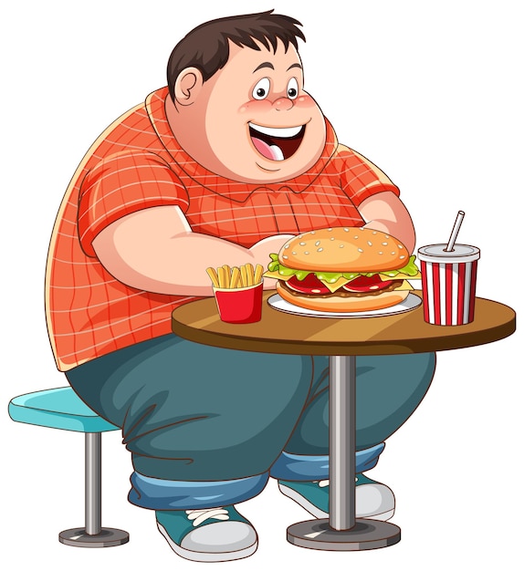 Hombre con sobrepeso comiendo comida rápida en la mesa aislada