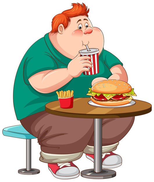 Hombre con sobrepeso comiendo comida rápida en la mesa aislada